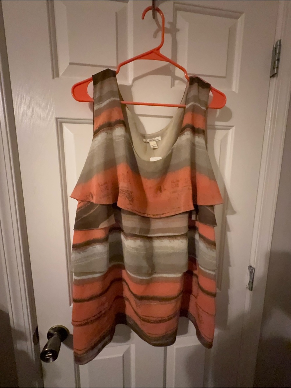 Kenneth Cole New York Coral and Olive Striped Ruffle Tank Top